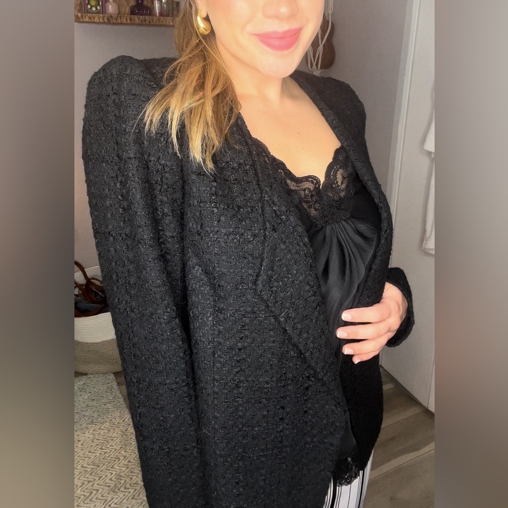 Tweed open-front black blazer